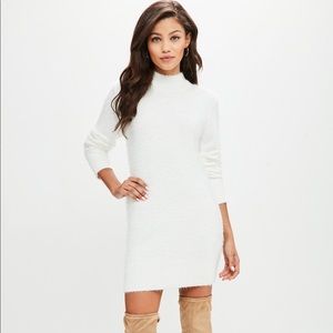 White fluffy roll neck sweater dress